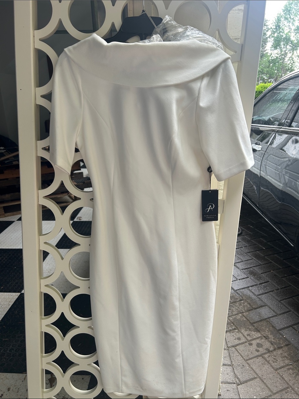 Adrianna Papell White Off-Shoulder Midi Sheath Dress